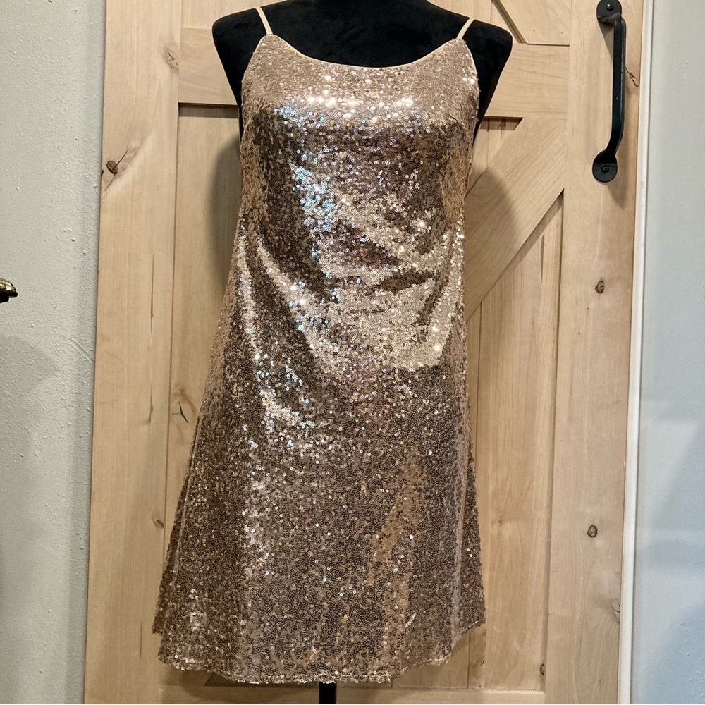She + Sky Gold Sequin Halter Mini Dress Medium NWT
